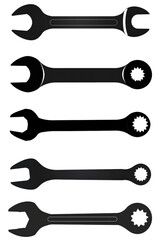 A set of six different wrenches are shown in black