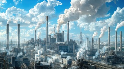 Obraz premium A realistic coal power plant with towering chimneys and cooling towers, set against a partly cloudy sky