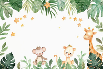 Obraz premium Watercolor cute baby forest animals with space for text, white background, clip art style, white empty space inside frame.