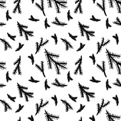 Vector black and white background. White background with black branches of a coniferous tree. Christmas background, simple repeating pattern. Twig with needle, Christmas.