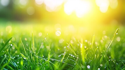 Obraz premium Dew-Covered Blades of Grass with a Sunlit Background