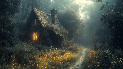 Fototapeta premium A cottage hidden amid wildflowers in a dense forest