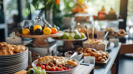 Elegantly Arranged Breakfast Buffet with Fresh Produce and Pastries in Boutique Hotel