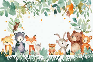 Watercolor cute baby forest animals vector background with white space for text, frame design, leaves and stars.