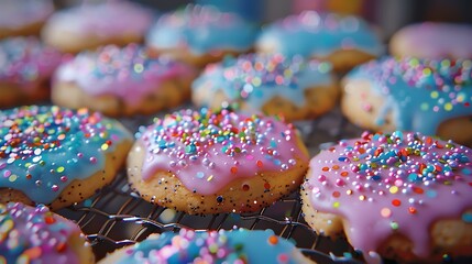 Homemade colourful sugar cookies are topped with tiny sparkles and sugas sauce