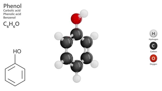 The 3D model of Phenol molecule C6H6 (C6H5OH). Phenol and its chemical derivatives are essential for production of polycarbonates, epoxies, explosives and numerous pharmaceutical drugs. White back