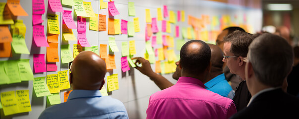 Group collaboration on sticky notes in a vibrant brainstorming session at a modern office space
