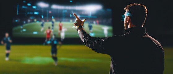 A coach gestures toward a large screen displaying a soccer game, highlighting strategy and engagement in sports analysis.