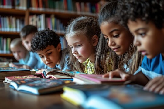 Children reading books together in library