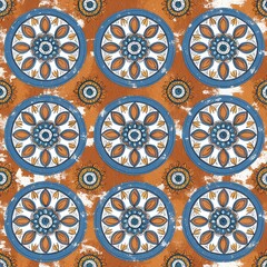 abstract pattern featuring a series of circular mandala-like designs. The layout is a repeating pattern with each circle containing symmetrical, radial designs that resemble traditional mandala art.