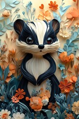 Fototapeta premium A cute, stylized skunk made of paper, in a lush, floral environment with soft pastel colors and whimsical details