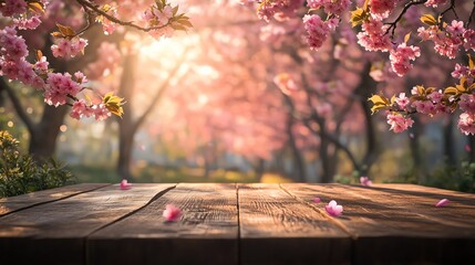 A wooden table surrounded by blossoming cherry trees, with soft sunlight filtering through the petals