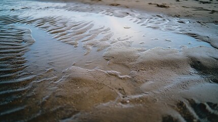 A close-up of wet sand with water receding, leaving reflective patterns along the beach.