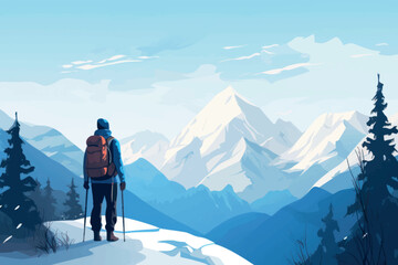 Hiker admiring snowy mountain landscape