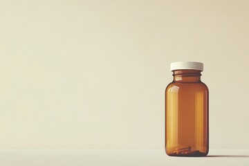 Amber glass bottle on light background with copy space