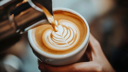 Close up of a barista making latte art, coffee preparation in a cafe.