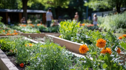 A community flower garden with raised beds full of vegetables and flowers, people tending to the...