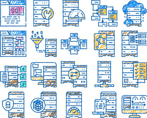 database administrator computer, doodle icons set vector. sketch line art system technology, laptop internet, data cloud, server business, network, service database administrator color illustrations