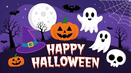 Happy Halloween day poster or banner template. Halloween big moon, pumpkin ghost, wizard hat, cute ghost, cartoon skull, spider web and realistic 3d design plastic style halloween elements.	