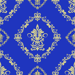 damask seamless pattern, blue background and cream color. vector illustration, luxury, elegant textile design, fabric, decoration, wall paper, carpet