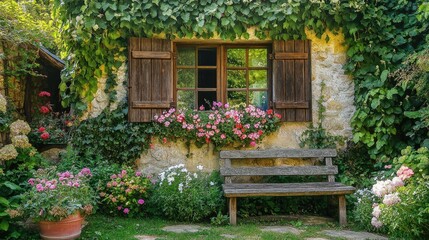 A cottage garden with an array of blooming flowers, ivy-covered walls, and a rustic wooden bench