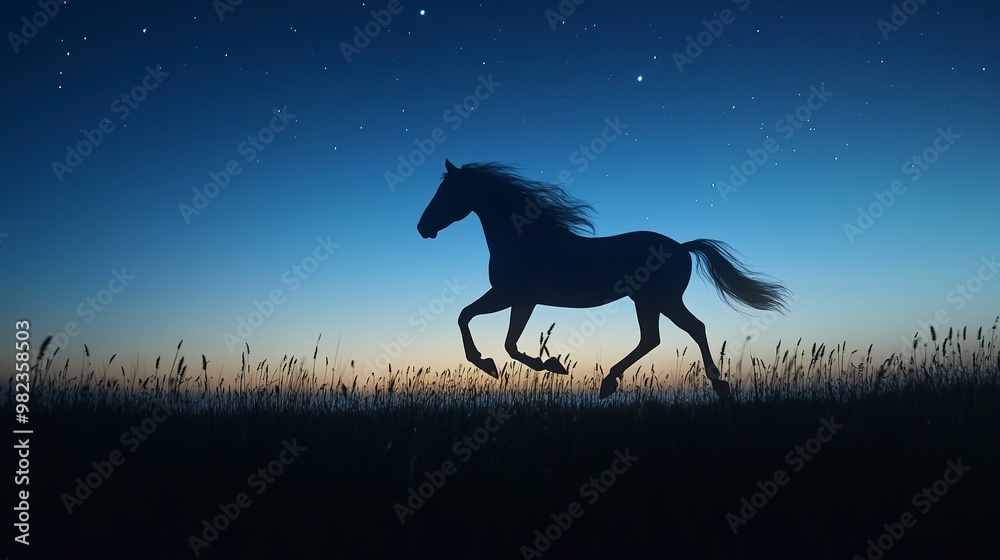 Sticker Unicorn with light and shadow concept running on the seaside at night