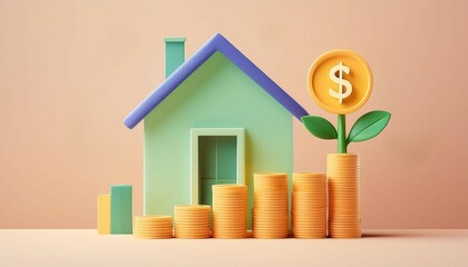 Colorful representation of a house with coins symbolizing investment growth and financial success.