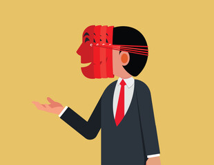 Tricks in cheating or deceiving. Businessman wears multiple deceptive masks