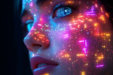 a digital face composed of thousands of glowing pixels, each a different shade of blue, green, and purple, forming the expression of an ai entity. ai face composed of digital pixels