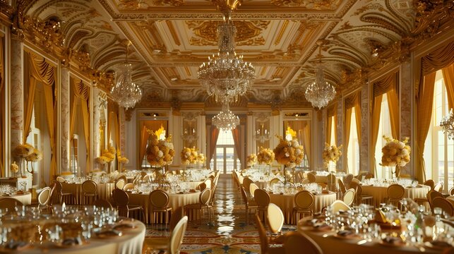 Opulent Ballroom Ready for Lavish Gala Event Showcasing Elegant Hospitality and Luxurious Ambiance