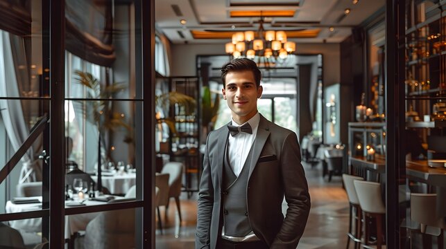 Elegant Maitre D  Welcoming Guests at High End Restaurant Entrance