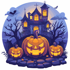 A autumn postcard design for Scary Halloween with Cute characters. Horror story Trick-or-treating. Colorful Vector illustration for flyer and social media post.