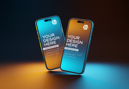 Mobile Phones On Black Background With Blue And Orange Lights Mockup