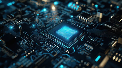 Futuristic microchip and circuit board illuminated with blue lights in technology concept