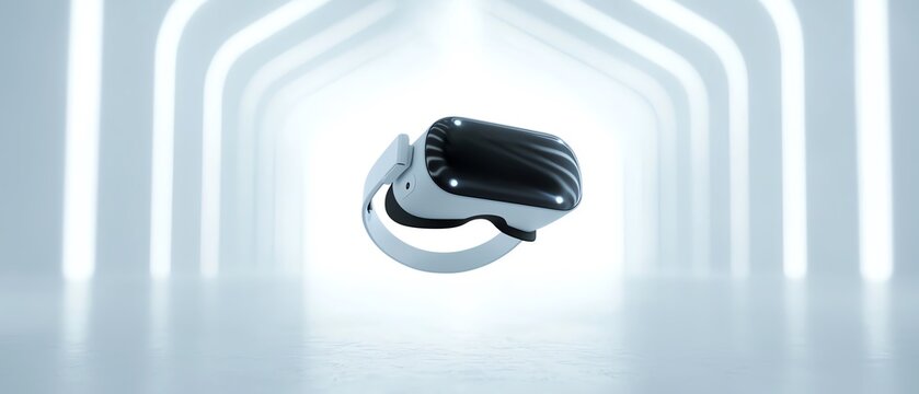 Modern VR headset floating in a white futuristic setting.
