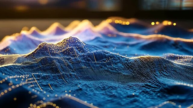 A digital 3D terrain model highlighting complex topography, with layered GIS geodata showcasing spatial