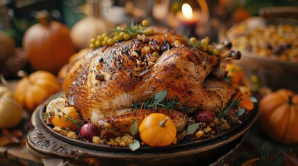 Roasted turkey garnished with herbs and vegetables served during a festive Thanksgiving dinner with pumpkins and autumn decor.