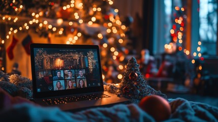 Joyful Virtual Christmas Gathering with Family Video Call by Festive Tree