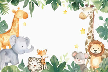 Watercolor cute baby jungle animals lion elephant giraffe zebra monkey fox tiger with green leaves and stars on white background for nursery illustration kids.