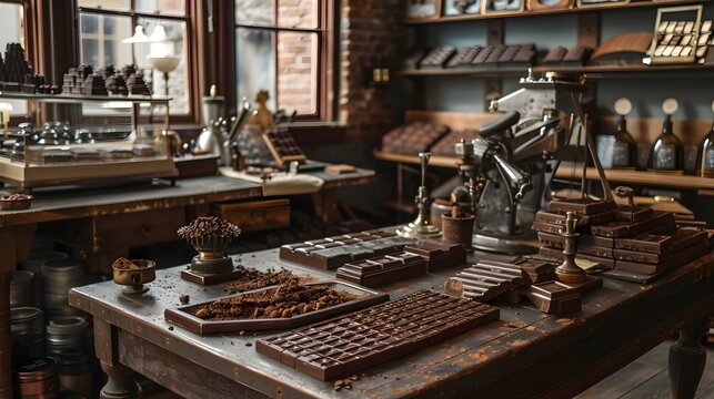 Vintage Chocolatier s Workshop with Gourmet Chocolate Bars Molds and Tempering Machines Decadent Indulgence Art of Chocolate Concept