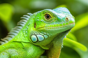 Fototapeta premium A green lizard with a green face and green legs. The lizard is looking at the camera