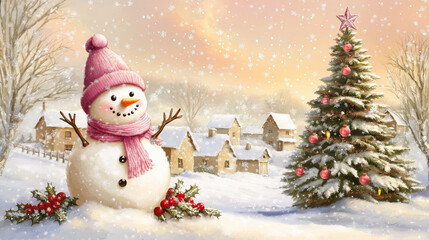 Snowman in a Winter Wonderland with Christmas Tree and Snow Covered Village