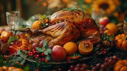 Festive Thanksgiving table setting with a beautifully roasted turkey surrounded by seasonal fruits and vegetables.