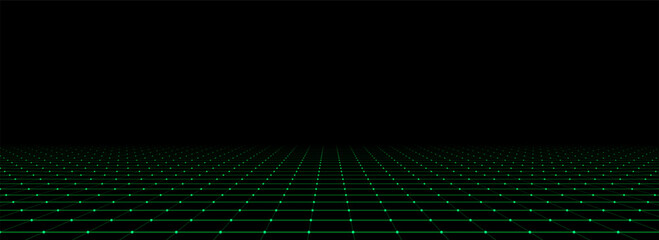 Vector abstract technology perspective grid. Detailed wireframe landscape with green lines on black background. Digital space with mesh.