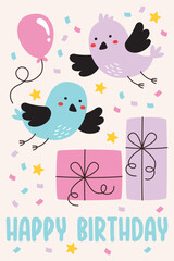 Handdrawn Birthday Party Birds With Gifts Card