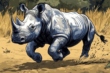 Fototapeta premium A rhino is running through a field of tall grass. The rhino is large and has a horn on its head. The grass is tall and brown, and the sky is clear