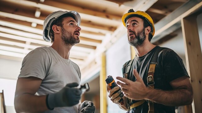 two men are working construction as they talk. one man is apprehensive and questioning the other.