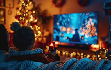Family cozying up in blankets, watching a festive holiday movie illuminated by Christmas lights in a warm, decorated living room.