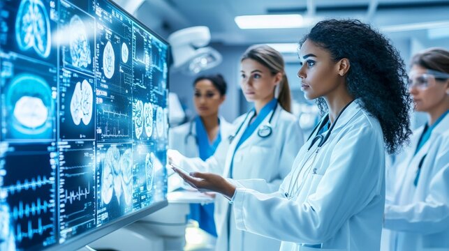 a diverse team of medical professionals in a modern hospital setting. The team consists of doctors, nurses, and surgeons, all wearing clean and crisp white lab coats and scrubs