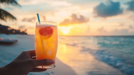 Closeup of hand holding a refreshing cocktail on the beach at sunset.